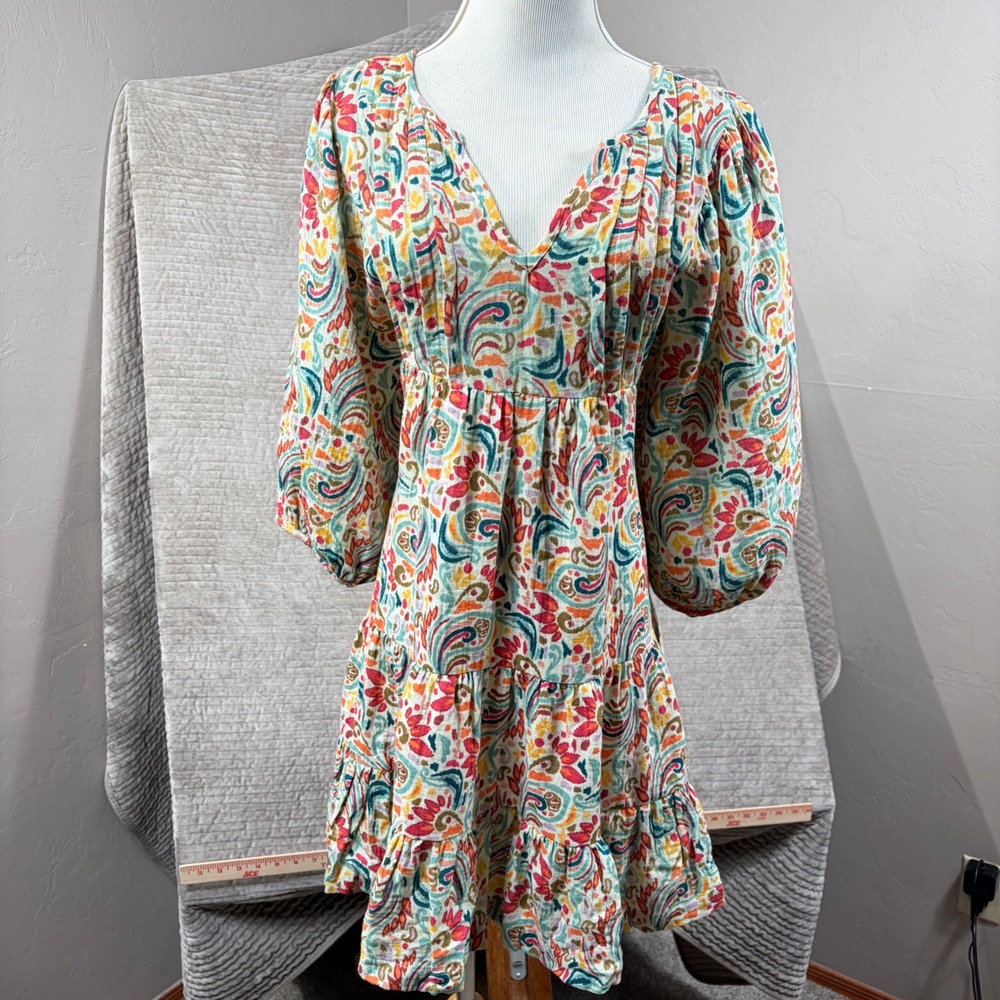 Marine Layer Cotton Gauze Paisley Tiered V-Neck Mini Dress Multicolor Size M